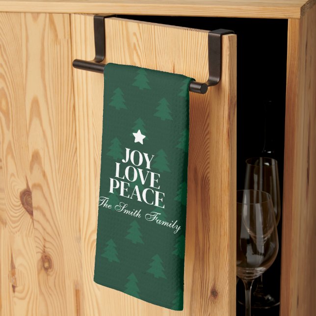 Joy Love Peace Christmas Tree Green Pattern Tea Towel (Thirds Fold)