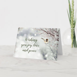 JOY LOVE PEACE Forest Snowflakes Chickadee Bird Holiday Card