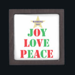 Joy, Love, Peace Jewellery Box<br><div class="desc">Wish someone joy, love, and peace this Christmas with this gift. This product displays a gold-coloured star with the text "WISHING YOU" in blue font. Below the star are the words "JOY" "LOVE" and "PEACE" in alternating green and red letters. This design represents the triangular shape of a Christmas tree...</div>