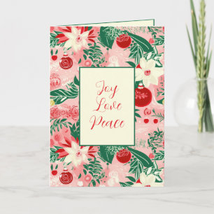 Joy Love Peace Pink Red Floral Christmas Card