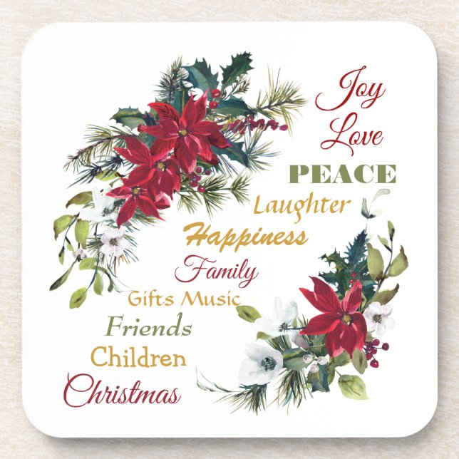 Joy Love Peace Poinsettia Christmas Coaster (Front)