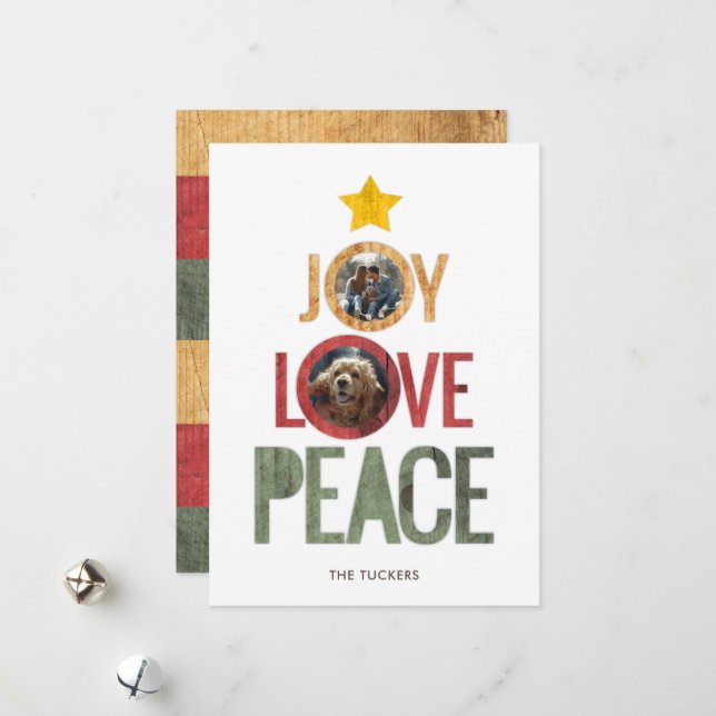 Joy Love Peace Rustic Photo Christmas Tree Holiday Card (Front/Back In Situ)