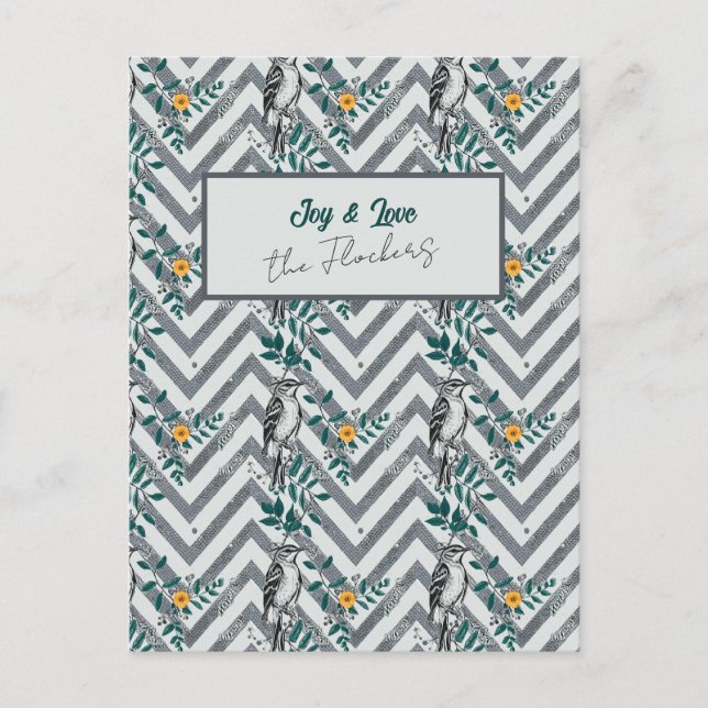 Joy & Love - Zigzag Bird & Flower Pattern Holiday Postcard (Front)