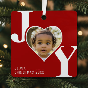 Joy Merry Christmas Heart Photo Red Metal Tree Decoration
