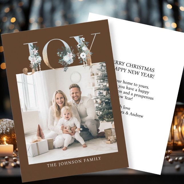 JOY-Merry Christmas!   Modern, simple photo  Holiday Card (Customer specific "Joy-Merry Christmas" brown-gold, photo holiday card. )