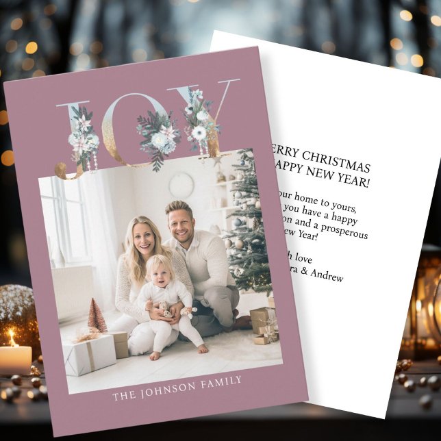 JOY-Merry Christmas!   Modern, simple photo  Holiday Card (Customer specific "Joy-Merry Christmas" berry-white-gold, photo holiday card. )