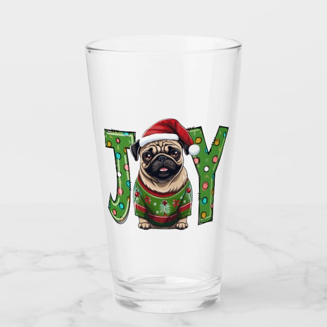 JOY Merry Christmas Pug Santa  Glass (Front)