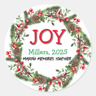 Joy Merry Christmas Wreath Family Name Red Xmas  Classic Round Sticker