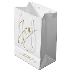 Joy! Minimalist Gold and White Elegant Holiday Medium Gift Bag