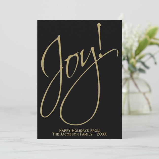 Joy! Minimalist Gold & Black Family Photo Holiday Card (Standing Front)