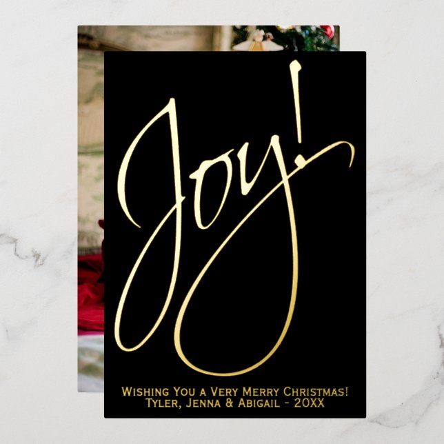 Joy! Minimalist Gold & Black Photo Back Christmas Foil Holiday Card (Front/Back)