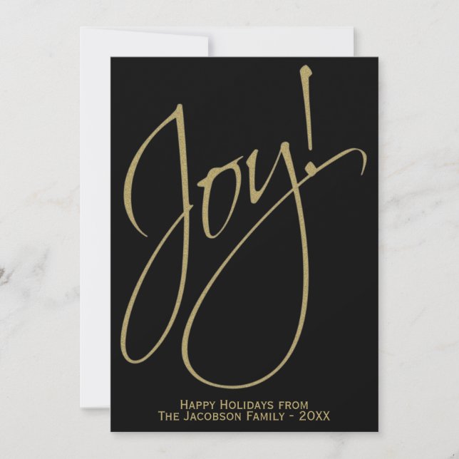 Joy! Minimalist Gold on Black Modern Script Holiday Card (Front)