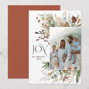 Joy modern 1 photo watercolor botanical floral hol holiday card