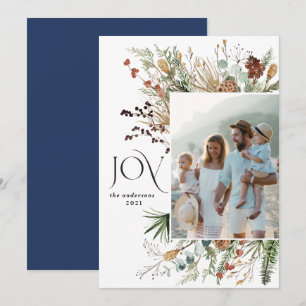 Joy modern 1 photo watercolor botanical floral hol holiday card