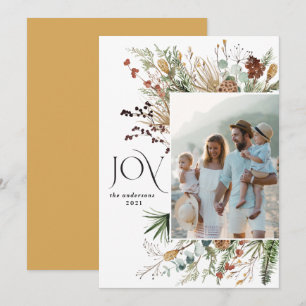 Joy modern 1 photo watercolor botanical floral holiday card