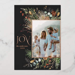 Joy modern 1 photo watercolor botanical foil holiday card