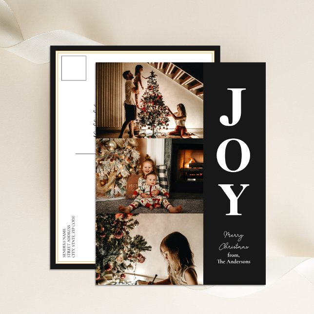 Joy Modern Black Christmas 3 Photo Collage Holiday Postcard (Creator Uploaded)