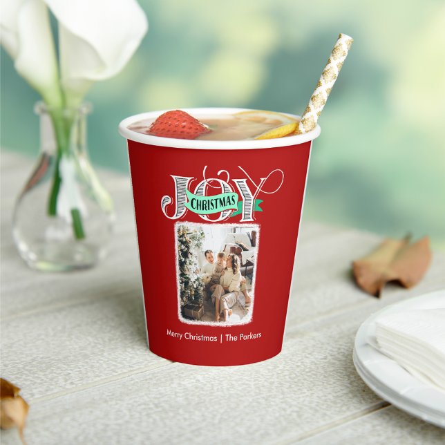 JOY Modern Bold Script Minimalist Photo Christmas  Paper Cups (Creator Uploaded)