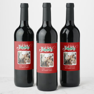 JOY Modern Bold Script Minimalist Photo Christmas Wine Label