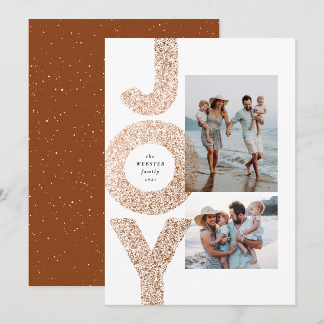 Joy modern bronze speckle two photo Christmas Holiday Card (Front/Back)