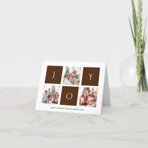 JOY Modern Brown Fun Script Photo Collage Simple Holiday Card