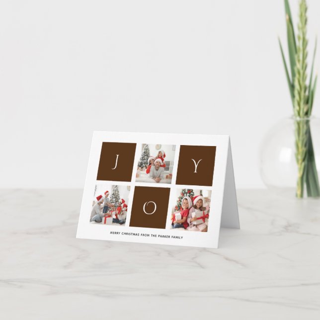 JOY Modern Brown Fun Script Photo Collage Simple Holiday Card (Front)