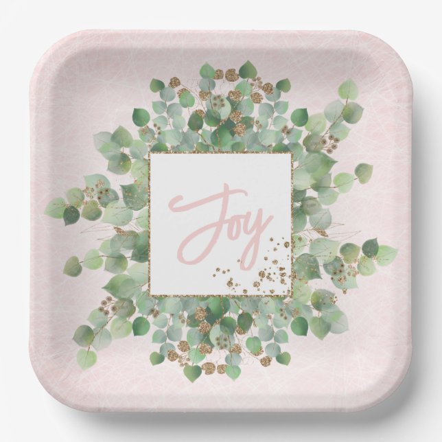 Joy Modern Eucalyptus Gold Glitter Pastel Pink     Paper Plate (Front)