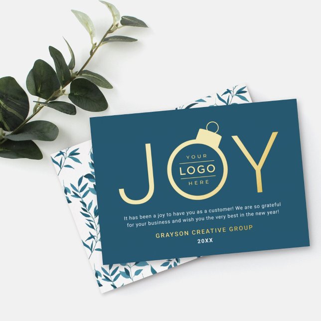 Joy Modern Gold and Teal Blue Logo Ornament Foil Holiday Card (Creator Uploaded)