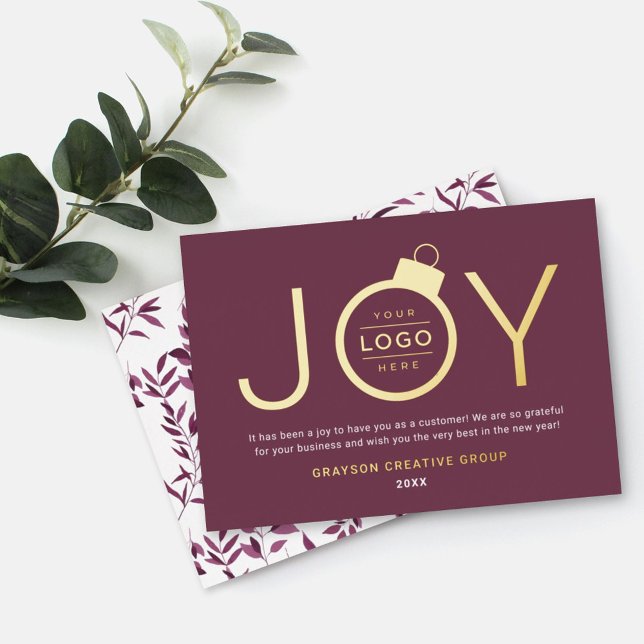 Joy Modern Gold and Wine Red Logo Ornament Foil Holiday Card (Creator Uploaded)