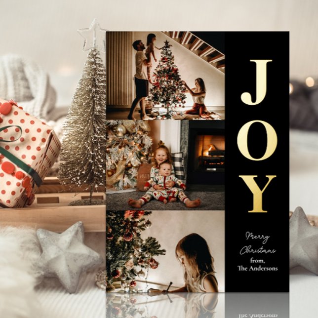 Joy Modern Gold Black Christmas 3 Photo Collage Foil Holiday Card (Creator Uploaded)