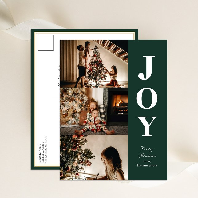Joy Modern Green Christmas 3 Photo Collage Holiday Postcard (Creator Uploaded)