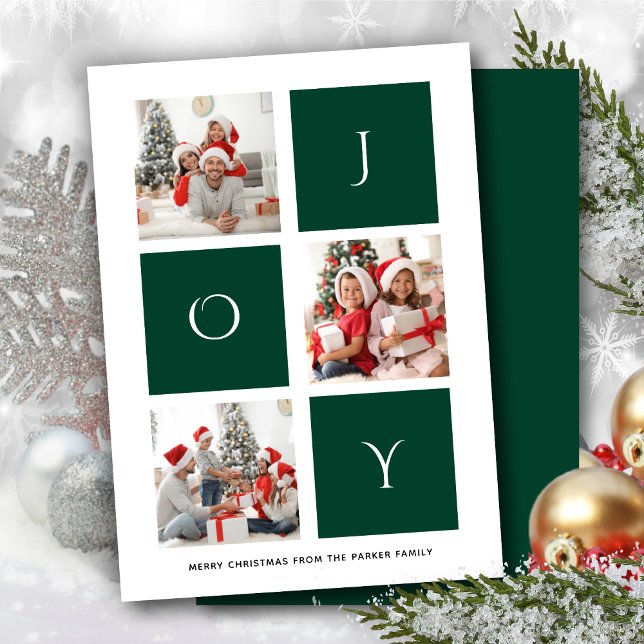 JOY Modern Green Fun Script Photo Collage Simple Holiday Card (Creator Uploaded)