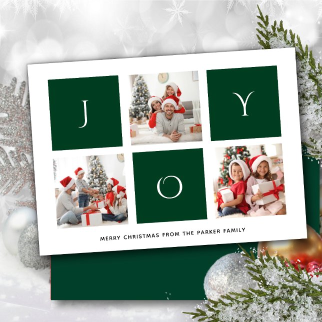 JOY Modern Green Fun Script Photo Collage Simple Holiday Card (Creator Uploaded)