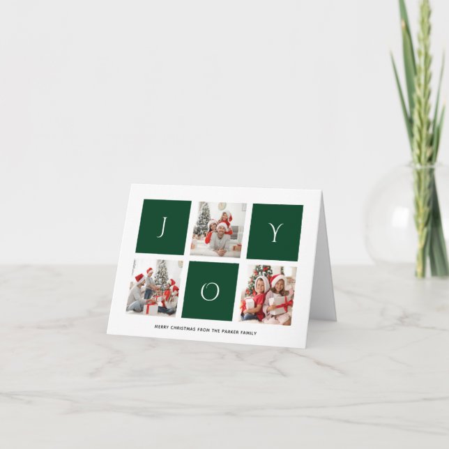 JOY Modern Green Fun Script Photo Collage Simple Holiday Card (Front)