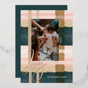 Joy   Modern Green & Pink Watercolor Plaid Photo Foil Holiday Card