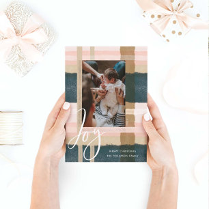 Joy   Modern Green & Pink Watercolor Plaid Photo Holiday Card