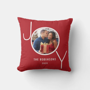 Joy Modern Holiday Photo Red Christmas Cushion