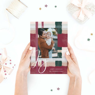 Joy   Modern Maroon & Green Watercolor Plaid Photo Holiday Card