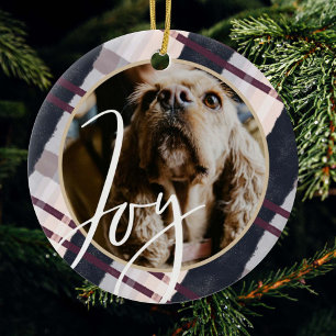 Joy Modern Navy & Purple Watercolor Plaid Photo Ceramic Tree Decoration
