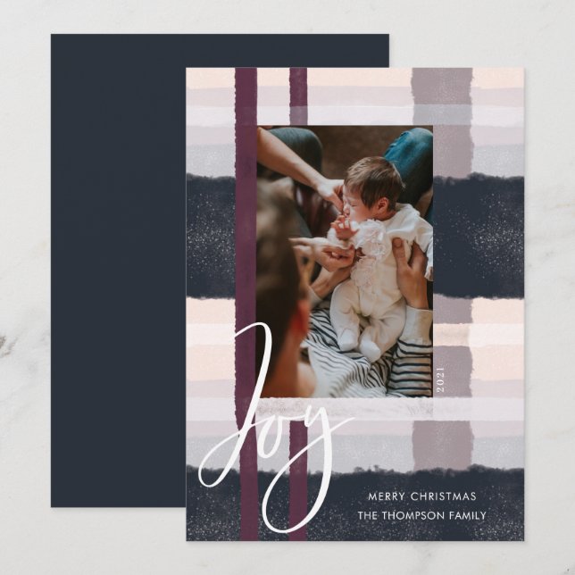Joy | Modern Navy & Purple Watercolor Plaid Photo Holiday Card (Front/Back)