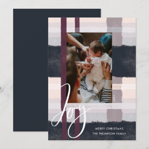 Joy   Modern Navy & Purple Watercolor Plaid Photo Holiday Card