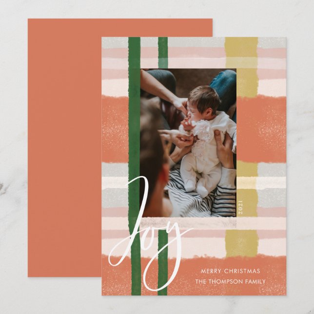 Joy | Modern Peach & Green Watercolor Plaid Photo Holiday Card (Front/Back)