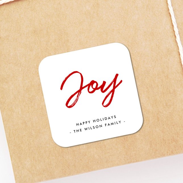 Joy modern red and white holiday square sticker (Creator Uploaded)