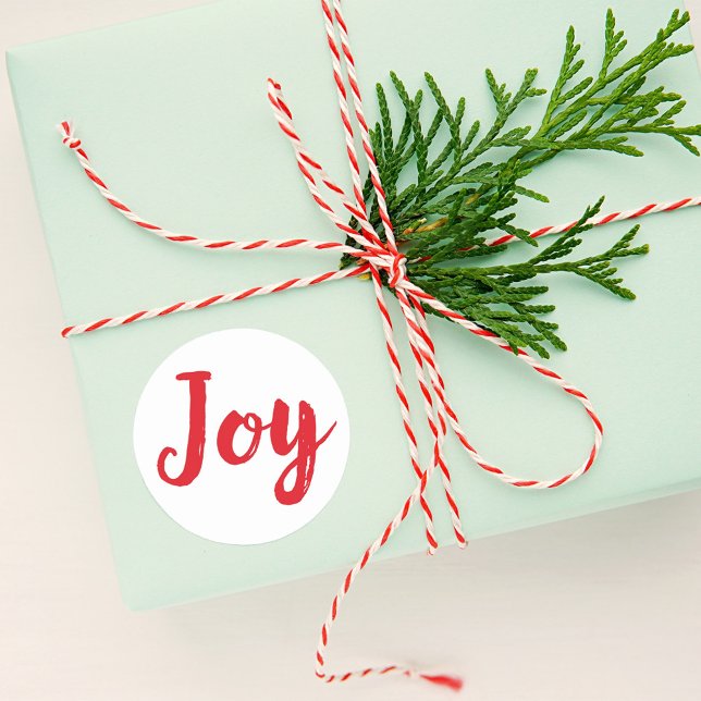Joy Modern Red Brushed Script Holiday Classic Round Sticker (Creator Uploaded)