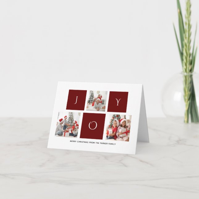 JOY Modern Red Fun Script Photo Collage Minimalist Holiday Card (Front)