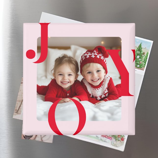 JOY | Modern Red & Pink Christmas Photo Gift Magnet (Creator Uploaded)