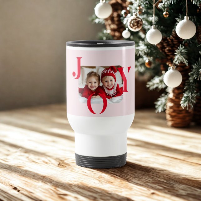 JOY | Modern Red & Pink Christmas Photo Gift Travel Mug (Creator Uploaded)