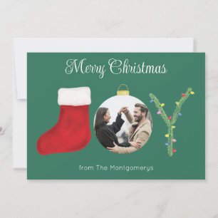 JOY Modern Typography Watercolor Christmas Green Holiday Card