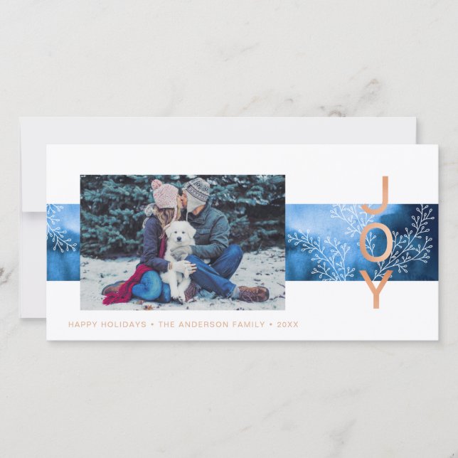 Joy | Modern Watercolor Family Photo Holiday Card (Front)