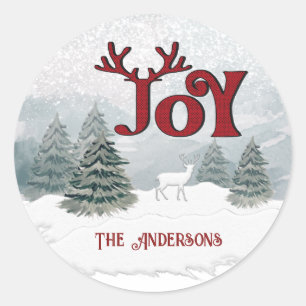 Joy Modern Watercolor winter deer scene Classic Classic Round Sticker
